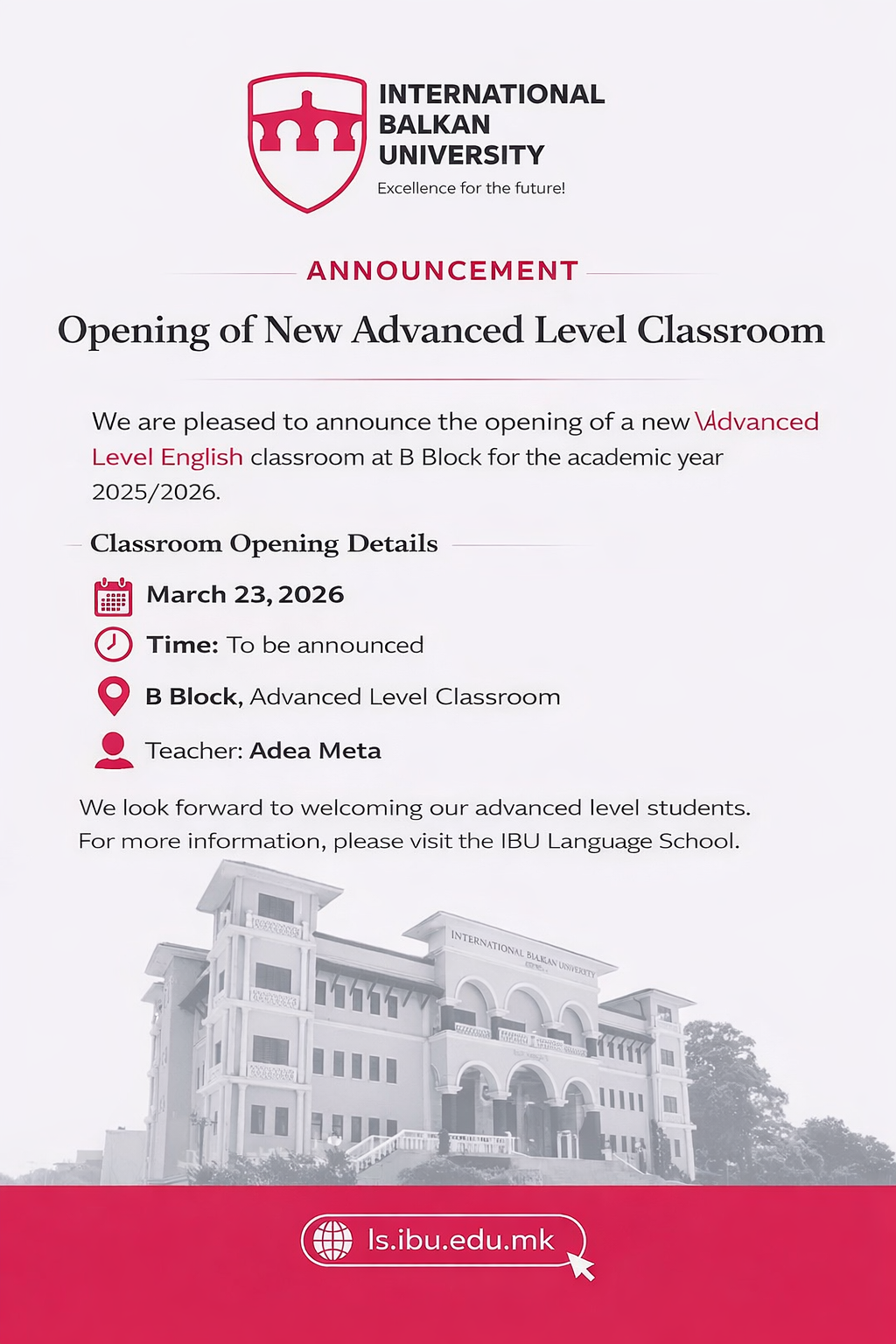 Announcement: Opening of New Advanced Level Classroom